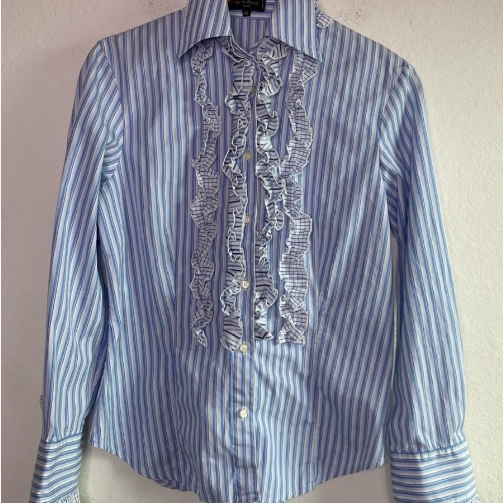 ETRO Milano Blue Striped Ruffle Blouse Sz. 10